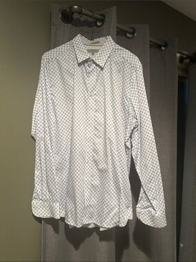 Men's White Button-Up Shirt with Blue Geometric Print